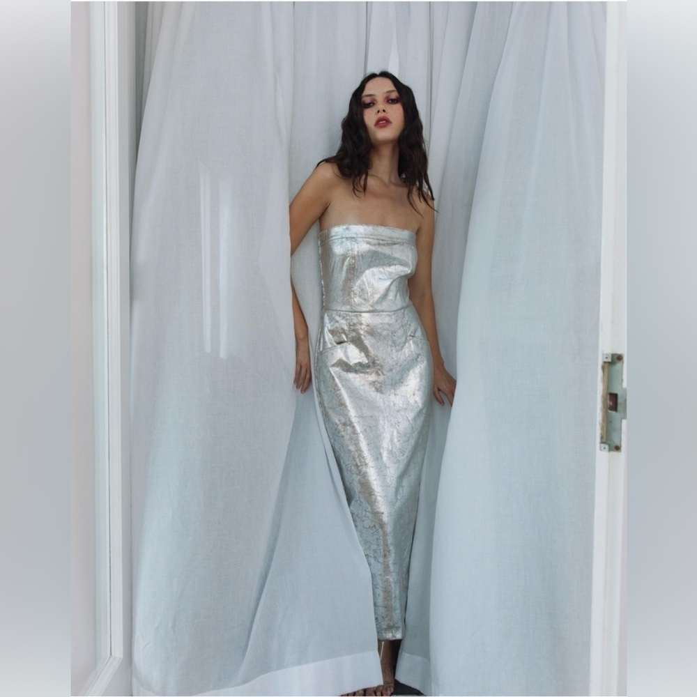 NWOT YFB Strapless Silver Metallic Maxi Dress L